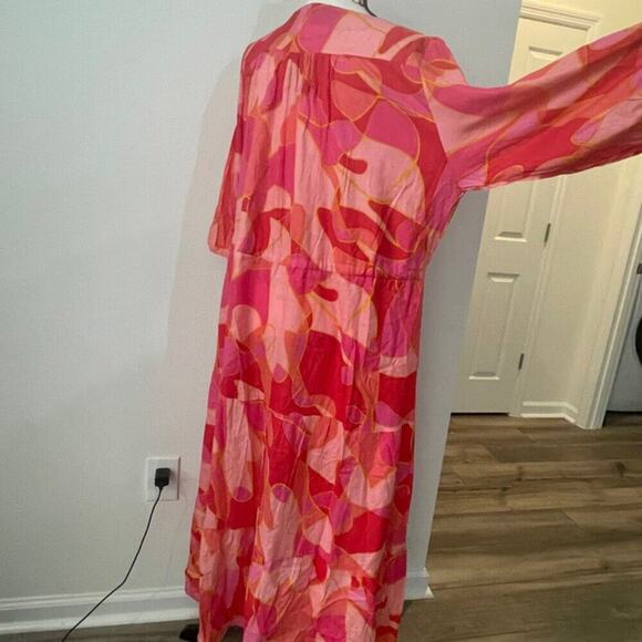 SMOCKED MAXI DRESS Sz 3XL PINK/ORANGE TIERED 3/4 Sleeve BOHO CHIC 100% RAYON - Picture 12 of 16